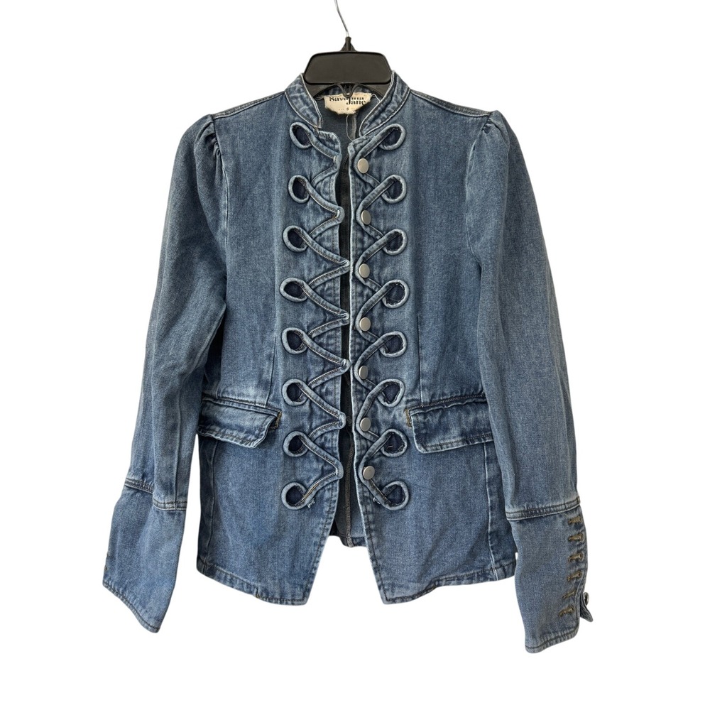 Savanna Jane Women Medium Wash Denim Military Hussar Jacket Braided Loops Small